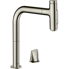 Смеситель кухонный с вытяжным изливом 2Jet на 2 отверстия Sbox HANSGROHE Metris Select 200 Steel Finis 73818800
