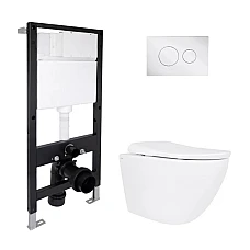 Готовое решение Qtap для ванной комнаты: подвесной унитаз Robin ML Ultra Quiet 520x365x365 + комплект инсталляции Standard (круглая кнопка Chrome)