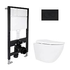 Готовое решение Qtap для ванной комнаты: подвесной унитаз Robin ML Ultra Quiet 520x365x365 + комплект инсталляции Standard (круглая кнопка Black)