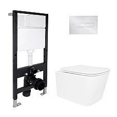 Готове рішення Qtap для ванної кімнати: підвісний унітаз Crow Rimless 485x340x330 + комплект інсталяції Standard (кругла клавіша Chrome)