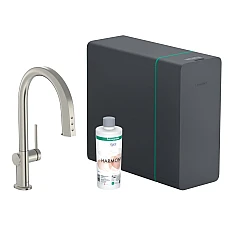 Смеситель для кухни с выдвижным изливом Hansgrohe Aqittura M91 SodaSystem 210 76836800 Stainless Steel Finish