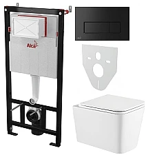 Інсталяція AlcaPlast 4в1 AM101/1120 з унітазом Kvadro з чорною матовою круглою кнопкою