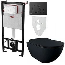 Інсталяція AlcaPlast 4в1 AM101/1120 з унітазом Free Black matt Rim-off з чорною матовою круглою кнопкою