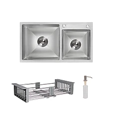 Комплект мийка для кухні з двома чашами інтегрована Lidz Handmade H7843 Brushed з дозатором та корзиною