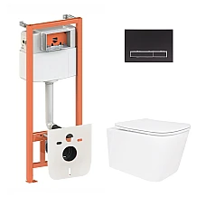 Комплект інсталяції Qtap Nest 4в1 з підвісним унітазом Crow Ultra Quiet з чорною кнопкою змиву