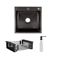 Комплект мийка для кухні інтегрована Lidz Handmade H5050B BlackPVD у комплекті з дозатором та корзиною