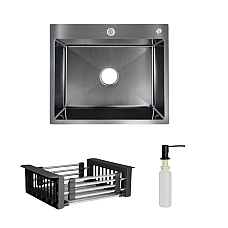 Комплект мийка для кухні інтегрована Lidz Handmade H6050B BlackPVD з дозатором та корзиною