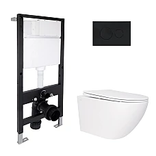 Готовое решение Qtap для ванной комнаты: подвесной унитаз Jay Rimless 520x360x320 + комплект инсталляции Standard (круглая кнопка Black)