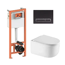 Готовое решение Qtap для ванной комнаты: подвесной унитаз Taurus Ultra Quiet 485×360×350 + комплект инсталляции Nest 4 в 1 (линейная клавиша Matt Black)