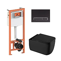 Готовое решение Qtap для ванной комнаты: подвесной унитаз Gemini Ultra Quiet + комплект инсталляции Nest 4 в 1 (линейная клавиша Matt Black)