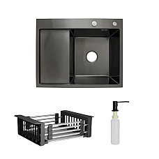 Комплект мийка для кухні інтегрована крило зліва Lidz Handmade H6350BL BlackPVD з дозатором та корзиною