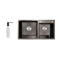 Мийка для кухні з двома чашами Lidz Handmade H7843 LDH7843BPVD45586 Brushed Black PVD з дозатором