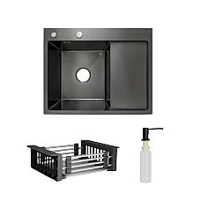 Комплект мийка для кухні інтегрована крило справа Lidz Handmade H6350BR BlackPVD з дозатором та корзиною