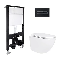 Готовое решение Qtap для ванной комнаты: подвесной унитаз Jay Ultra Quiet 520x360x320 + комплект инсталляции Standard (линейная кнопка Black)