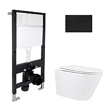 Готове рішення Qtap для ванної кімнати: підвісний унітаз Swan Rimless 520x360x320 + комплект інсталяції Standard (кругла клавіша Black)