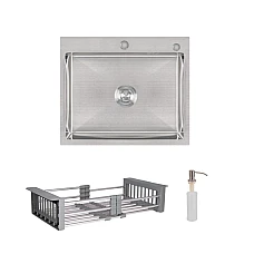 Комплект мийка для кухні інтегрована Lidz Handmade H6050 Brushed з дозатором та корзиною