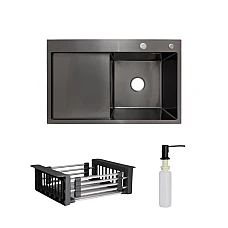 Комплект мийка для кухні інтегрована крило зліва Lidz Handmade H7849BL BlackPVD з дозатором та корзиною