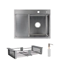 Комплект мийка для кухні інтегрована крило зліва Lidz Handmade H6350L Brushed з дозатором та корзиною