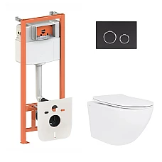 Комплект інсталяції Qtap Nest 4в1 з підвісним унітазом Jay Ultra Quiet з чорною кнопкою змиву