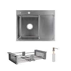 Комплект мийка для кухні інтегрована крило справа Lidz Handmade H6350R Brushed з дозатором та корзиною