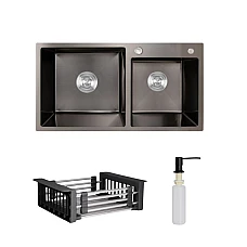 Комплект мийка для кухні з двома чашами інтегрована Lidz Handmade H7843 BlackPVD з дозатором та корзиною