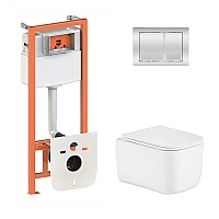 Готовое решение Qtap для ванной комнаты: подвесной унитаз Gemini Ultra Quiet 485×340×350 + комплект установки Nest 4 в 1 (квадратная клавиша Chrome)
