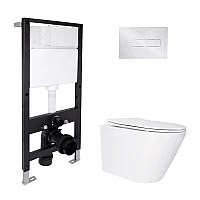 Готовое решение Qtap для ванной комнаты: подвесной унитаз Swan Ultra Quiet 485x360x320 + комплект инсталляции Standard (линейная кнопка Chrome)