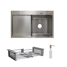 Комплект мийка для кухні інтегрована крило зліва Lidz Handmade H7849L Brushed з дозатором та корзиною