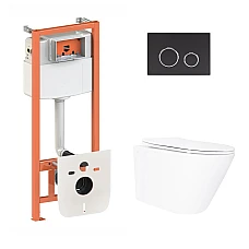 Готовое решение Qtap для ванной комнаты: подвесной унитаз Swan Ultra Quiet 520×360×320 + комплект инсталляции Nest 4 в 1 (круглая клавиша Matt Black)