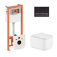Готовое решение Qtap для ванной комнаты: подвесной унитаз Gemini Ultra Quiet 485×340×350+ комплект инсталляции Nest 4в1 (линейная клавиша Matt Black)