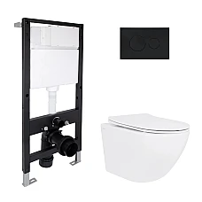 Готовое решение Qtap для ванной комнаты: подвесной унитаз Jay Rimless 485x360x320 + комплект инсталляции Standard (круглая кнопка Black)