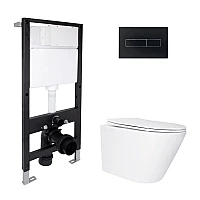 Готовое решение Qtap для ванной комнаты: подвесной унитаз Swan Ultra Quiet 485x360x320 + комплект инсталляции Standard (линейная кнопка Black)