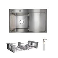 Комплект мийка для кухні інтегрована крило справа Lidz Handmade H7849R Brushed з дозатором та корзиною