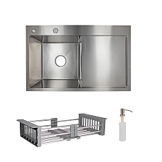 Комплект мийка для кухні інтегрована крило справа Lidz Handmade H7849R Brushed з дозатором та корзиною